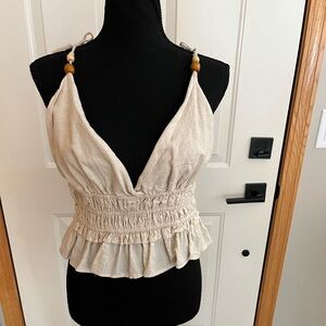 New Sim & Sam boho linen blend pull on v neck crop tank top camisole. Natural.XL